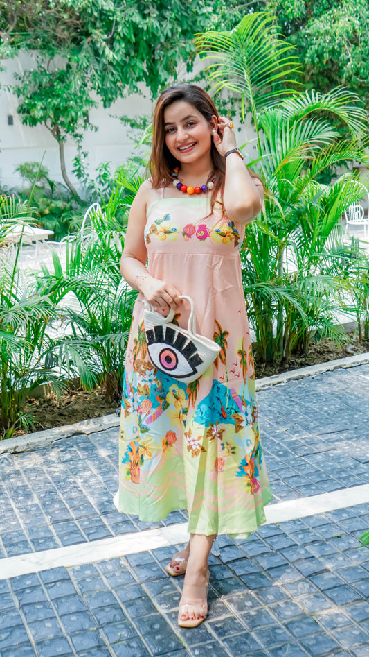 Peach Digital Print Long Dress