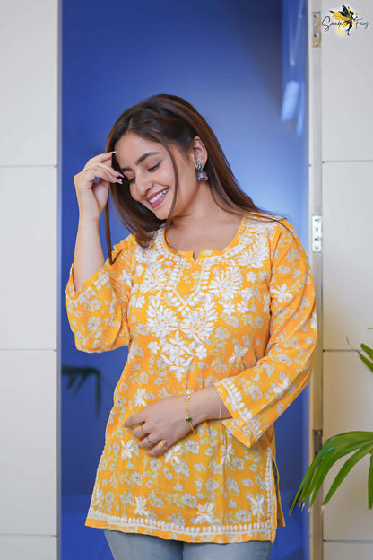 Yellow Chikankari Short Kurti