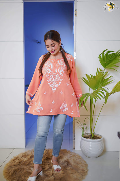 Peach Chikankari Short Kurti