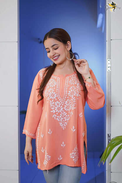 Peach Chikankari Short Kurti