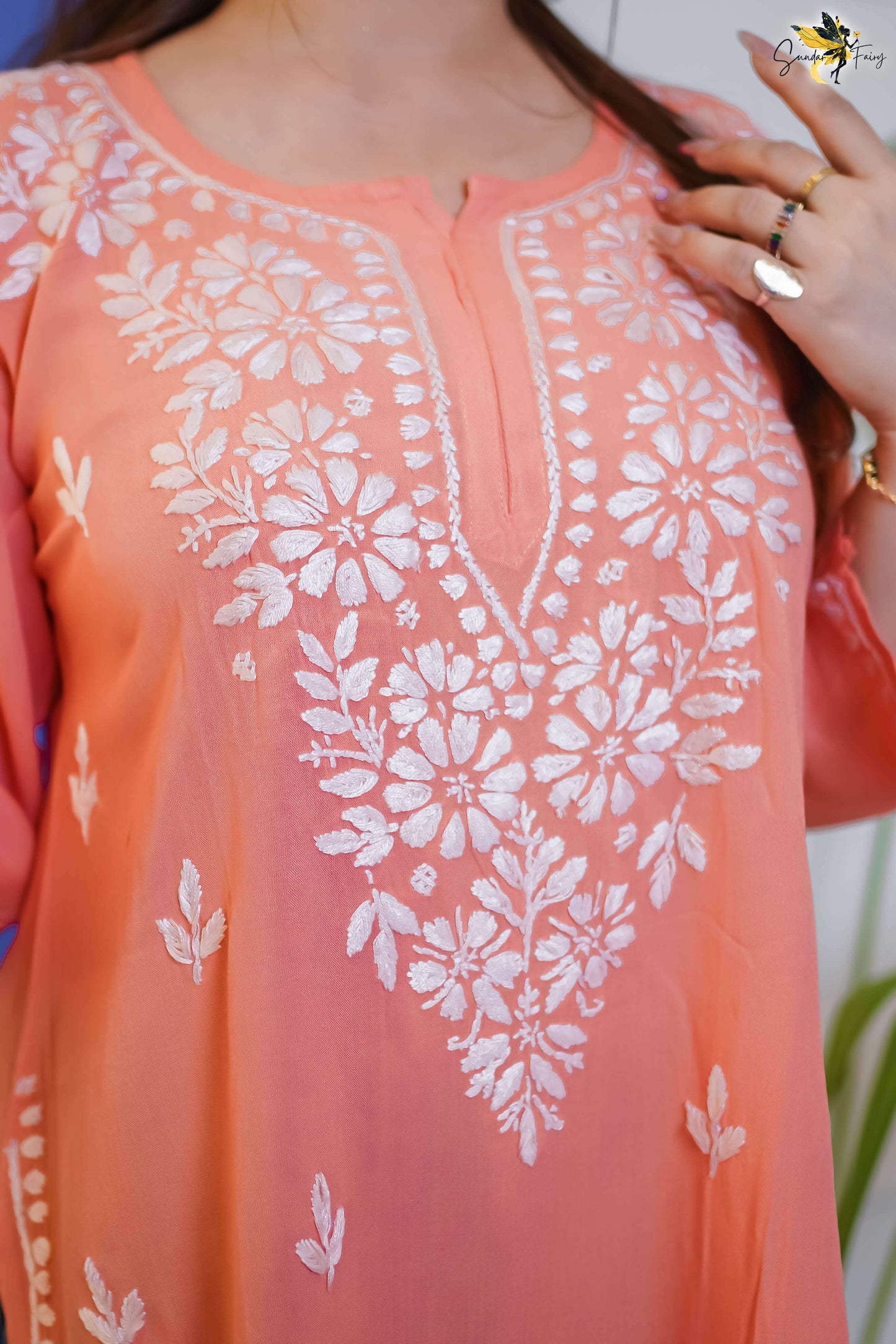 Peach Chikankari Short Kurti