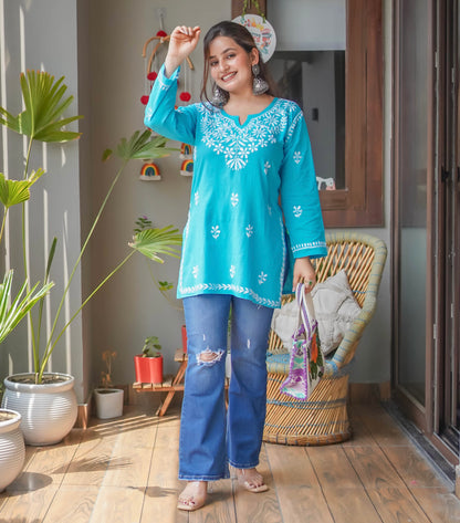 Chikankarii Hand Embroidery Short Kurti